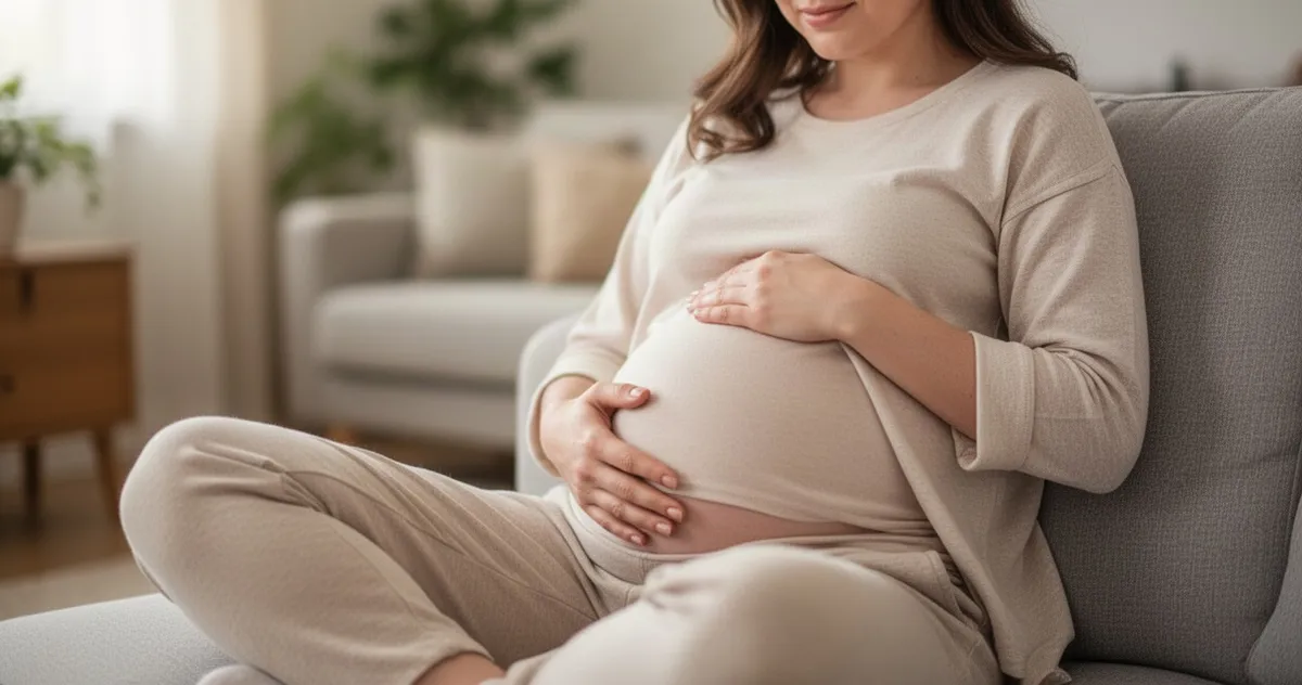 Kobieta w 9. tygodniu ciąży delikatnie dotyka brzucha