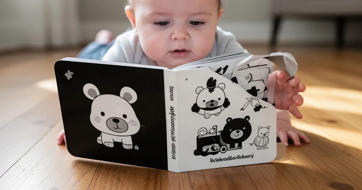 Kontrastowa książeczka ustawiona pionowo przed niemowlęciem podczas tummy time