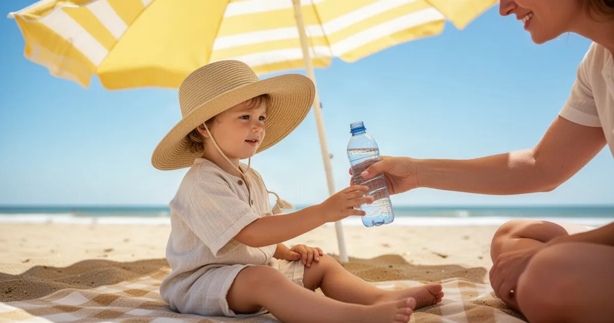 Dziecko w kapeluszu pod parasolem na plaży