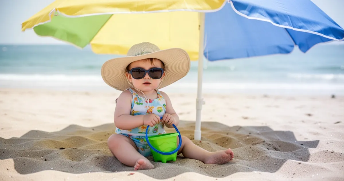 Dziecko w kapeluszu i okularach przeciwsłonecznych pod parasolem na plaży