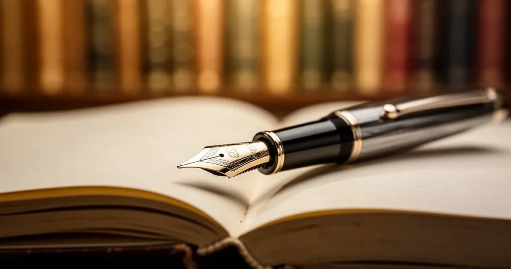 Złote pióro wieczne spoczywające na otwartym notesie, widoczne z bliska na tle rozmytej biblioteki w ciepłym świetle.