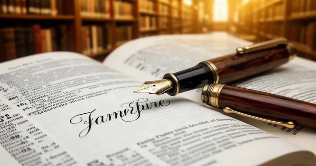 Wieczne pióro leżące na otwartym słowniku z elegancką kaligrafią w tle biblioteki z ciepłym, złotym oświetleniem.