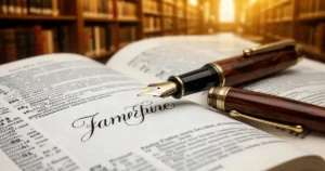 Wieczne pióro leżące na otwartym słowniku z elegancką kaligrafią w tle biblioteki z ciepłym, złotym oświetleniem.