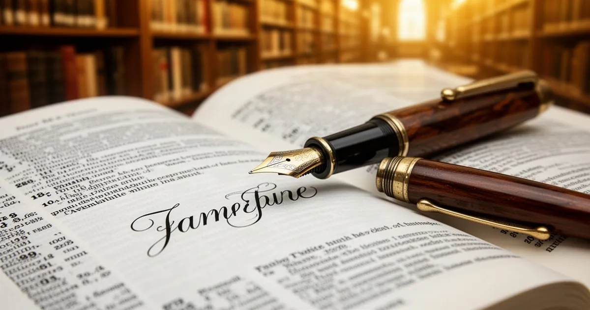 Wieczne pióro leżące na otwartym słowniku z elegancką kaligrafią w tle biblioteki z ciepłym, złotym oświetleniem.