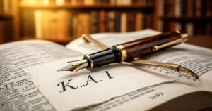 Wieczne pióro leżące na otwartym słowniku z elegancko zapisanymi literami K, A, I na tle rozmytego regału z książkami.