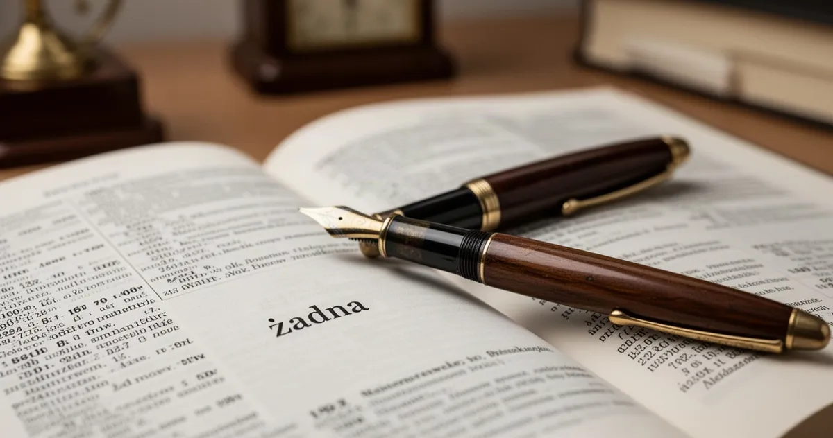Wieczne pióro leżące na otwartym słowniku przy haśle „żadna”, w tle zarys akcesoriów biurowych.