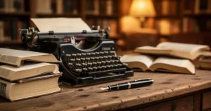 Zabytkowa maszyna do pisania na drewnianym biurku, obok otwarte słowniki i pióro wieczne w przytulnej bibliotece.