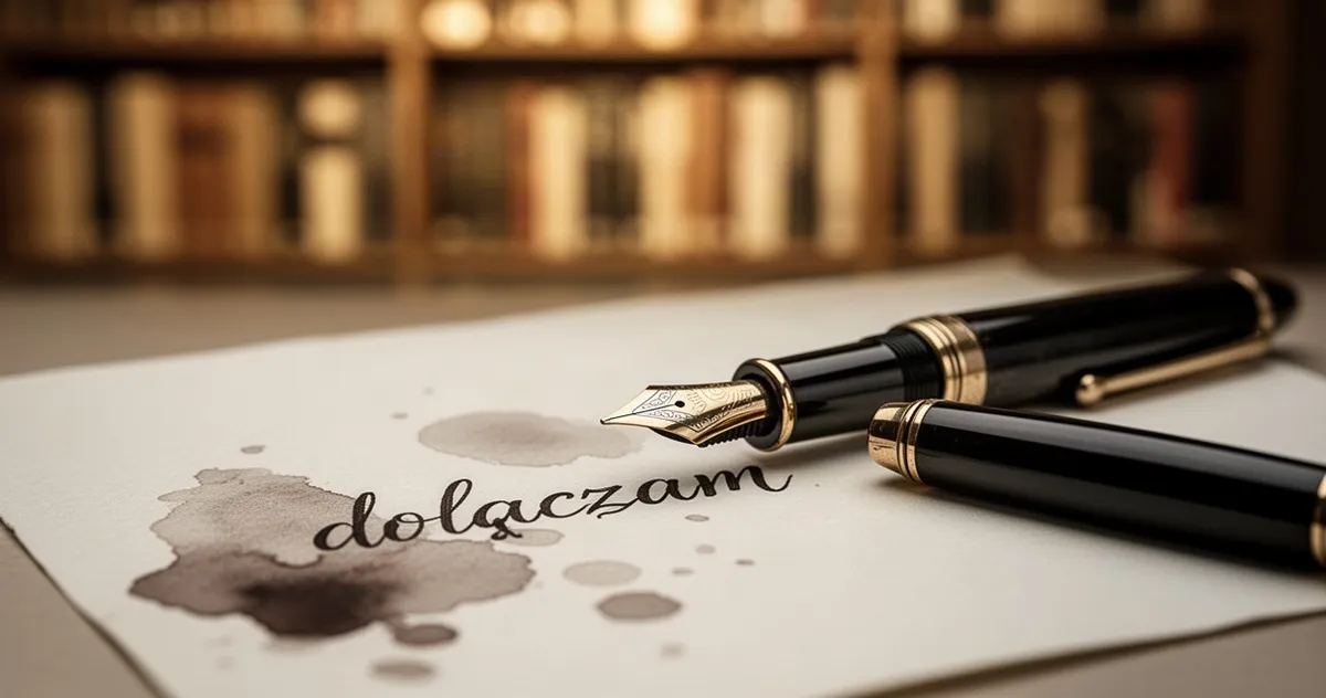 Wieczne pióro leżące na kartce papieru z odręcznie napisanym słowem „dołączam” na tle bibliotecznych półek.
