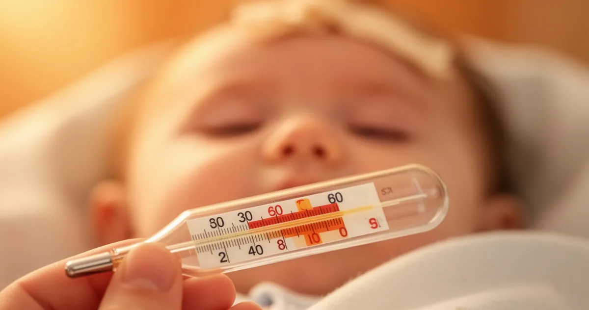 Termometr z podwyższoną temperaturą na pierwszym planie, w tle niewyraźne czoło niemowlęcia w ciepłym, złotym świetle.