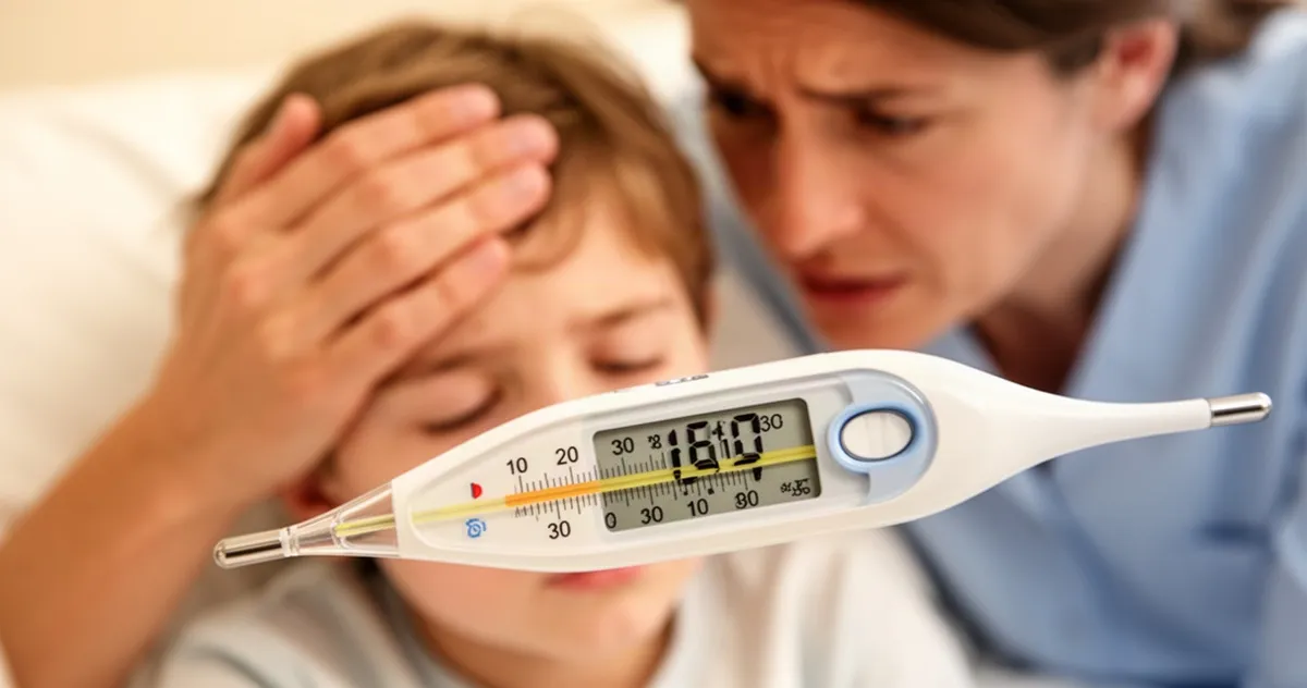 Termometr cyfrowy wskazujący podwyższoną temperaturę, w tle dłoń zatroskanego rodzica dotykająca czoła dziecka.