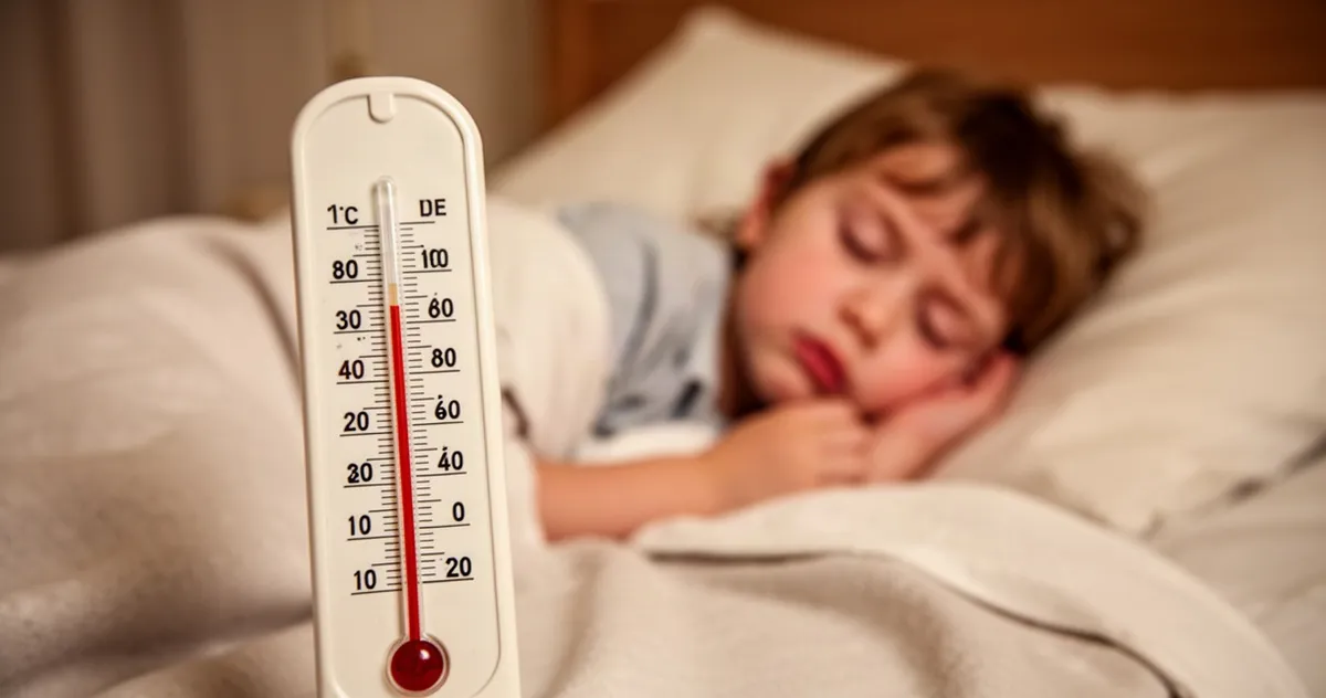 Termometr z podwyższoną temperaturą na pierwszym planie oraz odpoczywający w łóżku chory przedszkolak w tle.