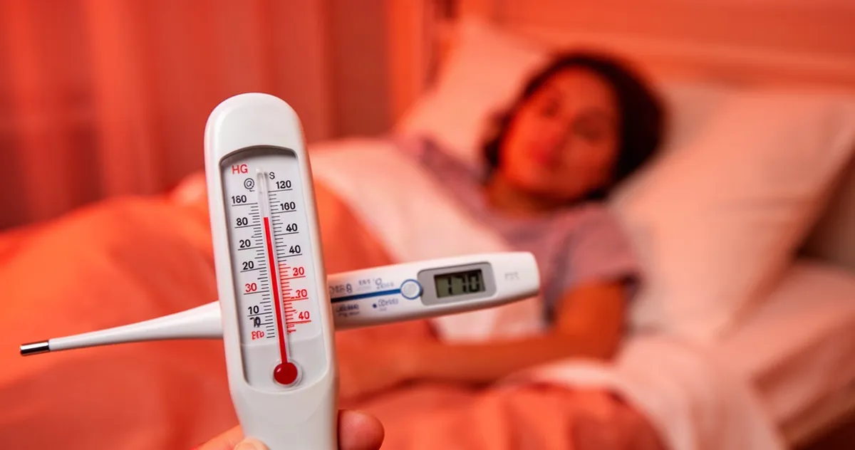 Cyfrowy termometr wskazujący wysoką temperaturę na pierwszym planie, w tle niewyraźna postać leżąca w łóżku.