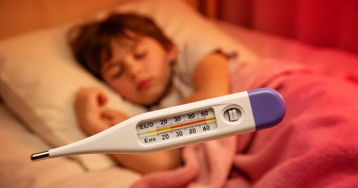 Termometr cyfrowy wskazujący podwyższoną temperaturę na tle odpoczywającego w łóżku dziecka w ciepłej kolorystyce.