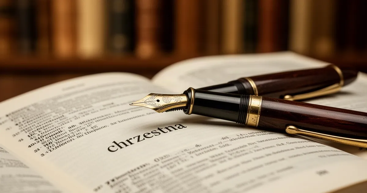 Eleganckie wieczne pióro leżące na otwartym słowniku ze słowem „chrzestna” w tle rozmytej biblioteki.