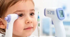 Zbliżenie na twarz dziecka oraz dwa termometry: douszny i bezdotykowy na tle przypominającym gabinet pediatryczny.