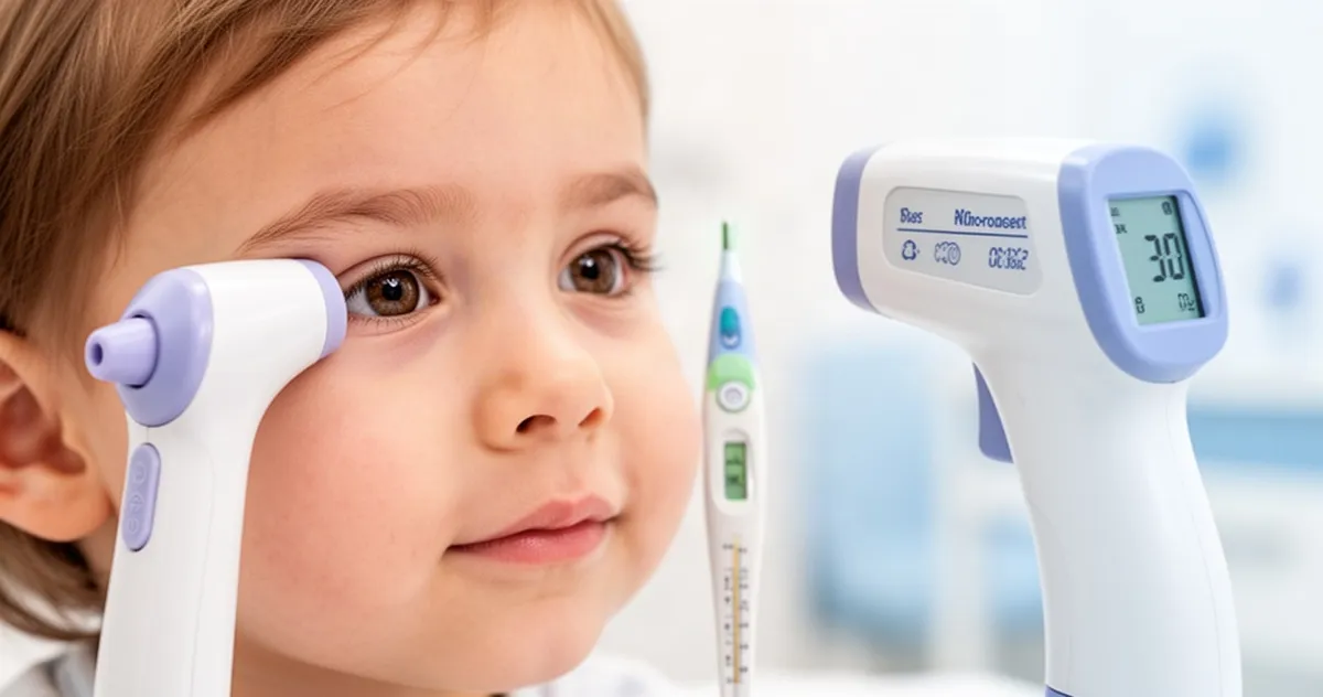 Zbliżenie na twarz dziecka oraz dwa termometry: douszny i bezdotykowy na tle przypominającym gabinet pediatryczny.