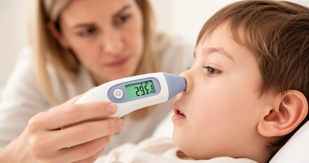 Cyfrowy termometr douszny w uchu dziecka podczas pomiaru temperatury w ciepłym, medycznym świetle.