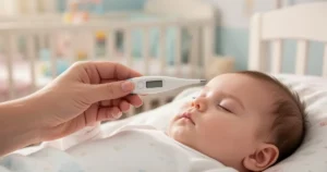 Rodzic trzymający cyfrowy termometr w pobliżu twarzy śpiącego niemowlęcia w przytulnym, jasnym pokoju dziecięcym.