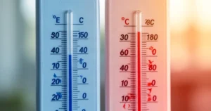 Zbliżenie na dwa różne termometry wskazujące odmienne temperatury, z kontrastującą chłodną niebieską i ciepłą czerwoną tonacj