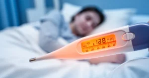 Cyfrowy termometr z wysokim wynikiem temperatury na tle rozmytej sylwetki osoby leżącej w łóżku.