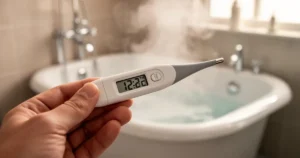 Dłoń trzymająca cyfrowy termometr z wynikiem pomiaru temperatury na tle rozmytej łazienki z wanną.