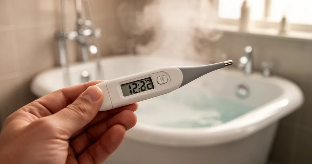 Dłoń trzymająca cyfrowy termometr z wynikiem pomiaru temperatury na tle rozmytej łazienki z wanną.