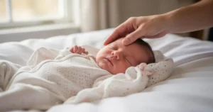 Niemowlę w lekkim ubranku leżące na białej pościeli, z dłonią delikatnie dotykającą jego czoła w świetle dziennym.