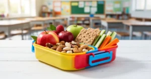 Kolorowy lunchbox z owocami, orzechami, krakersami pełnoziarnistymi i słupkami warzyw na białym drewnianym stole.