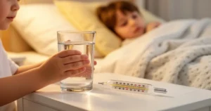 Dziecięca dłoń trzymająca szklankę wody obok termometru wskazującego wysoką temperaturę na szafce nocnej.