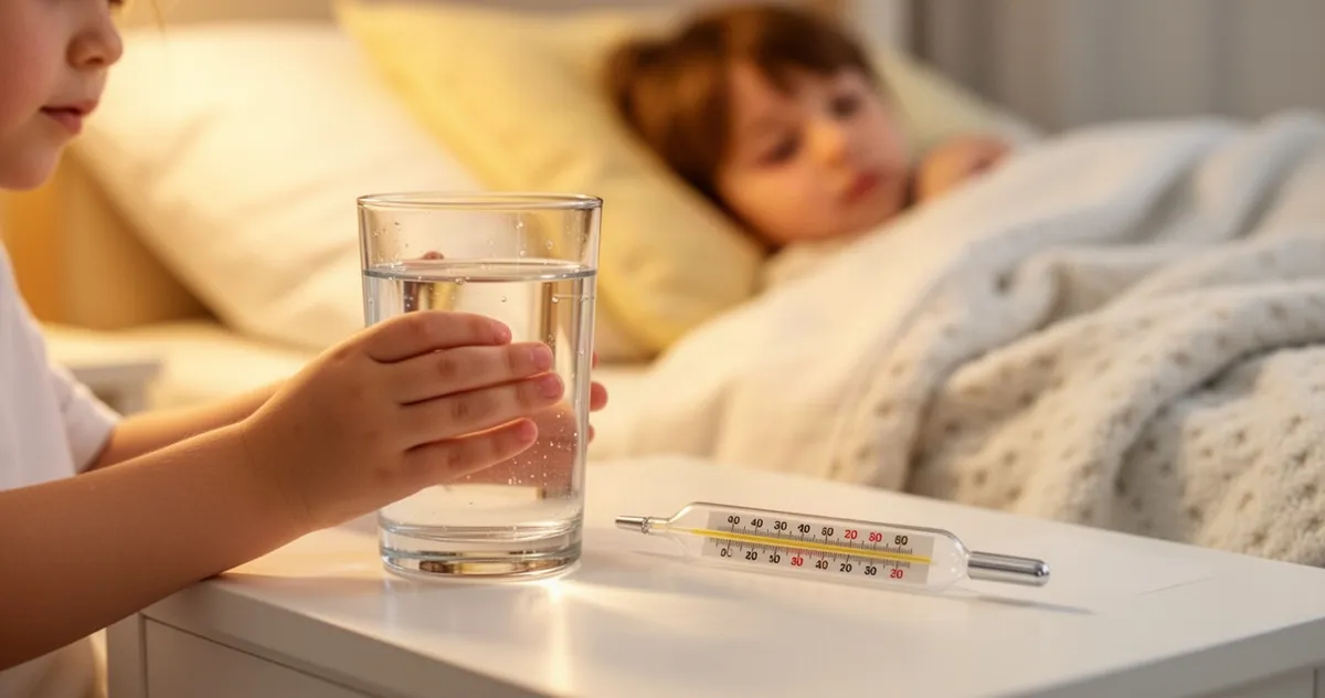 Dziecięca dłoń trzymająca szklankę wody obok termometru wskazującego wysoką temperaturę na szafce nocnej.