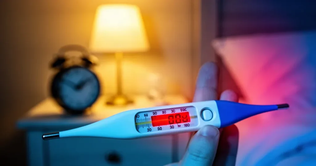 Termometr cyfrowy wskazujący wysoką temperaturę na tle nocnej szafki z lampką i zegarem w ciepłym świetle.