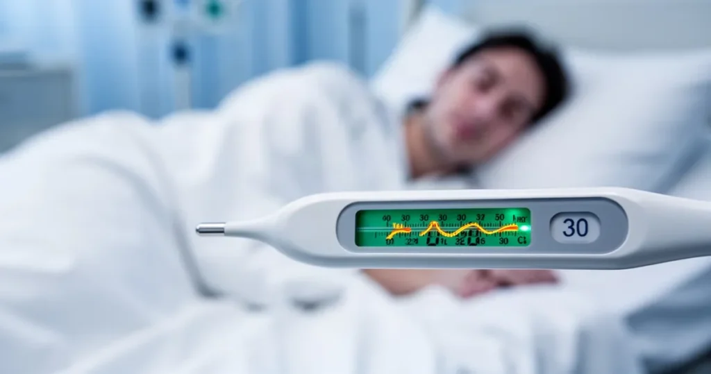 Termometr cyfrowy z wynikami temperatury na tle osoby leżącej w łóżku pod białą pościelą.