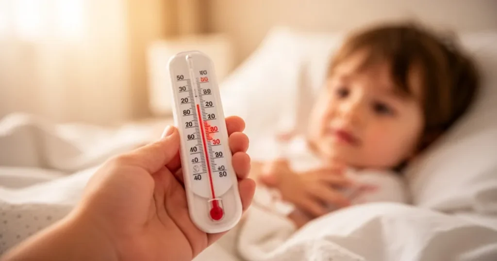 Zbliżenie na termometr wskazujący wysoką temperaturę trzymany w dłoni dziecka w przytulnej sypialni.