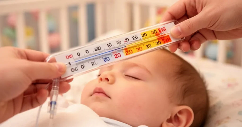 Termometr zbliżony do czoła śpiącego niemowlęcia w delikatnym, ciepłym świetle pokoju dziecięcego.