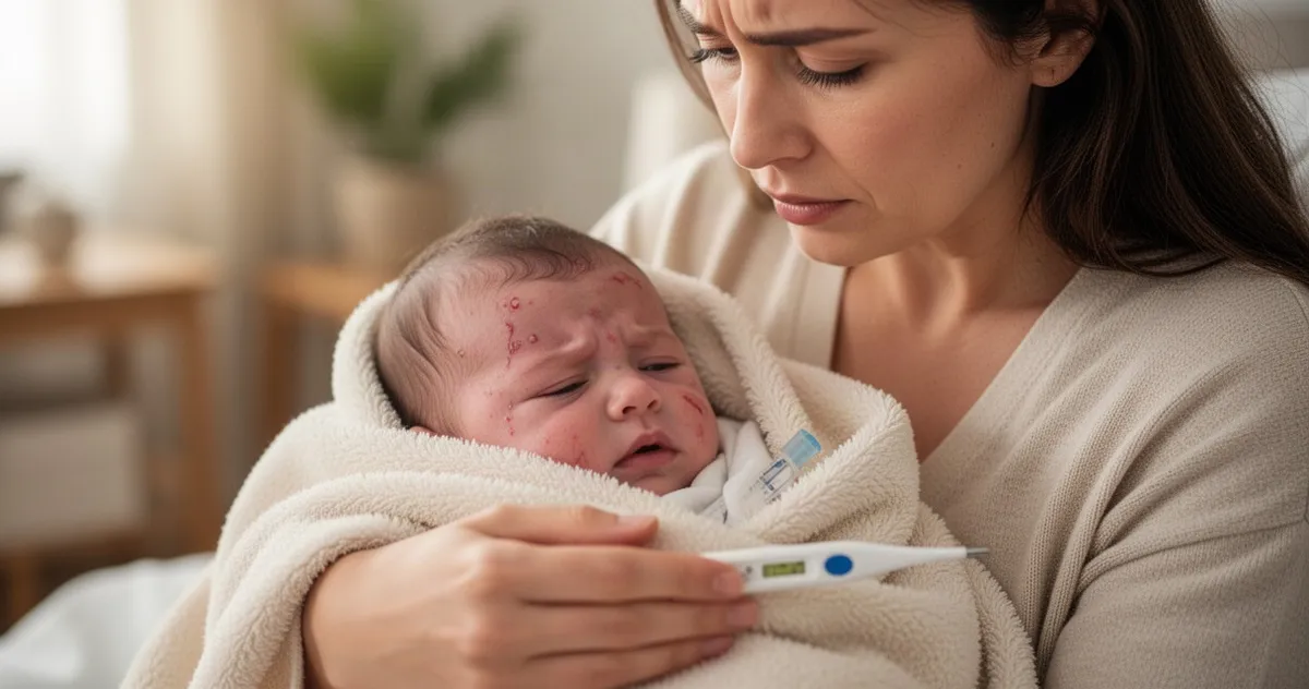 Zaniepokojona matka trzymająca chore niemowlę owinięte w kocyk, obok widoczny termometr.