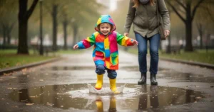 Dziecko w kolorowym płaszczu przeciwdeszczowym i kaloszach radośnie skacze w kałuży w deszczowym parku, obok stoi rodzic.