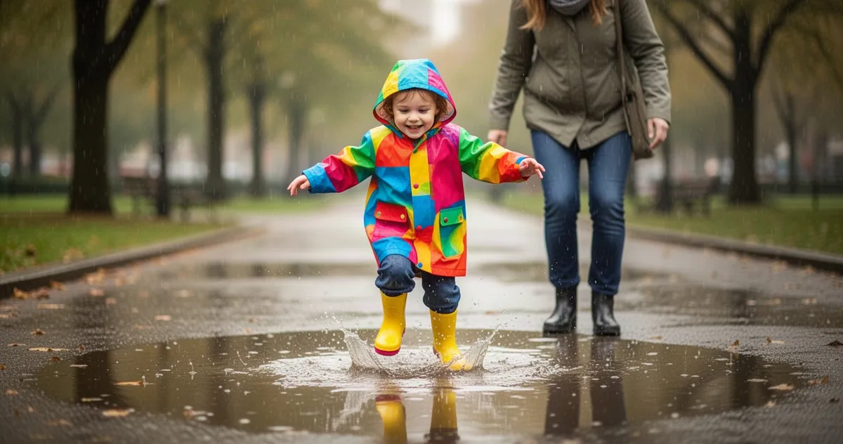 Dziecko w kolorowym płaszczu przeciwdeszczowym i kaloszach radośnie skacze w kałuży w deszczowym parku, obok stoi rodzic.