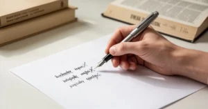 Dłoń trzymająca pióro wieczne, zapisująca poprawne polskie wyrażenia na białej kartce w minimalistycznym otoczeniu.