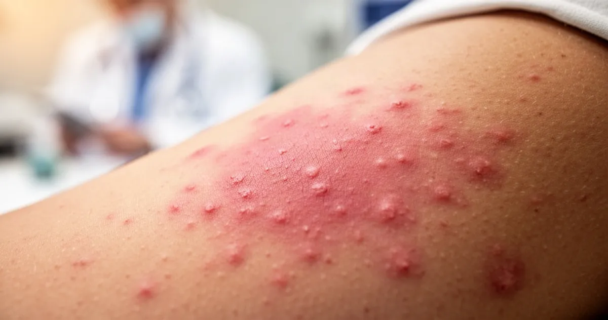 Zbliżenie na czerwoną wysypkę na skórze w klinicznym oświetleniu z rozmytym tłem medycznym.