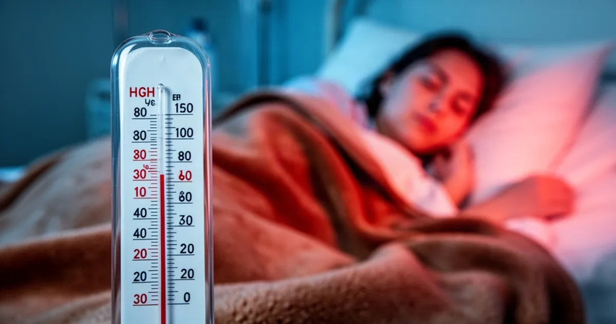 Termometr z wysoką temperaturą na pierwszym planie oraz zamazana postać leżąca w łóżku pod kocami w tle.