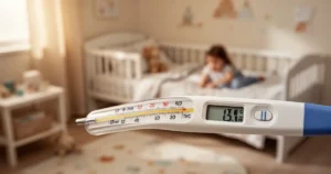 Cyfrowy termometr wskazujący wysoką temperaturę na tle rozmytego pokoju dziecięcego.