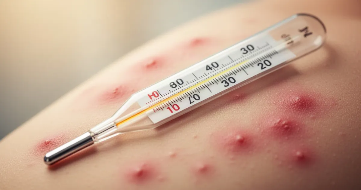 Termometr wskazujący wysoką temperaturę na tle rozmytej skóry z widocznymi czerwonymi plamkami wysypki.