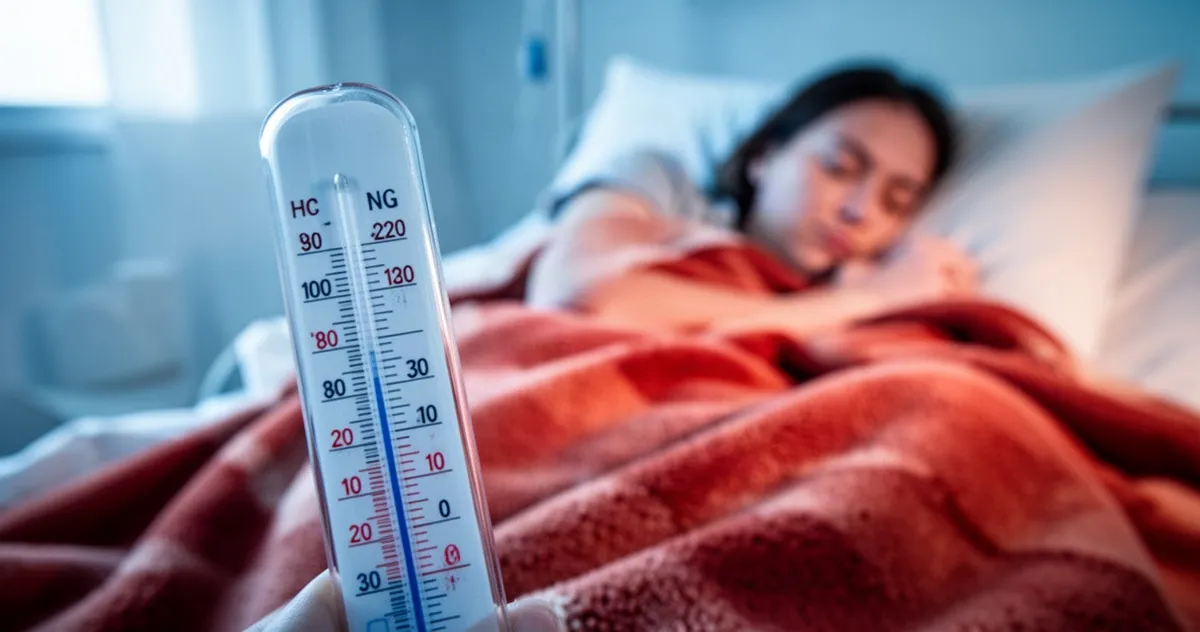 Termometr wskazujący wysoką temperaturę na pierwszym planie oraz rozmyta postać osoby leżącej w łóżku pod kocem.