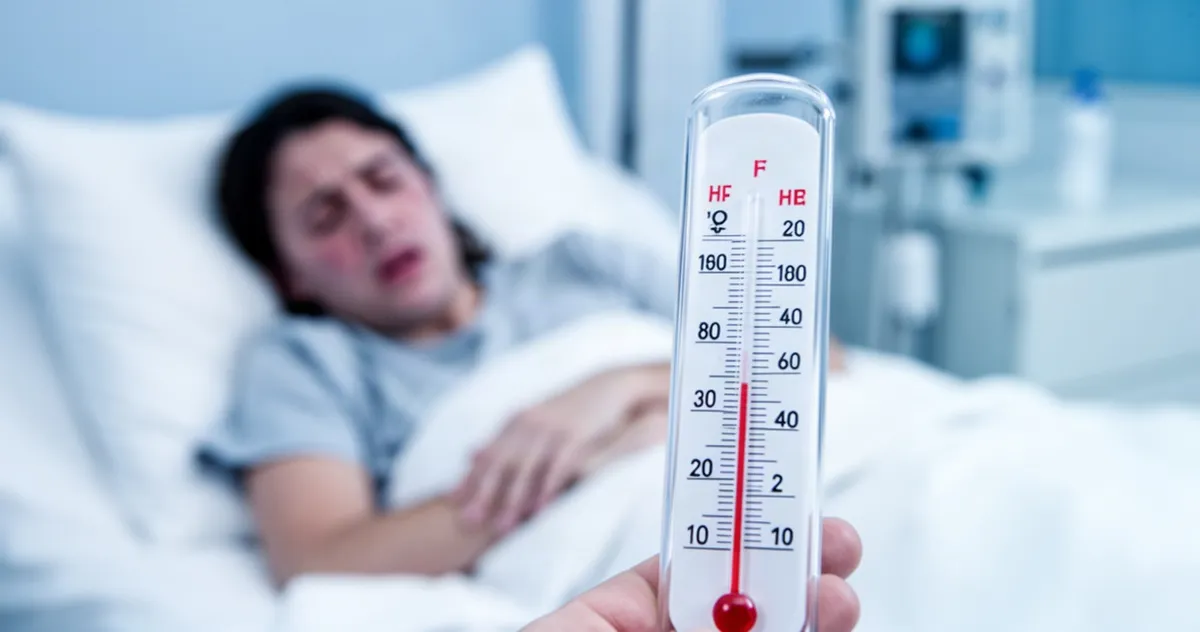 Termometr z wysoką temperaturą na pierwszym planie oraz niewyraźna sylwetka chorej osoby leżącej w łóżku.