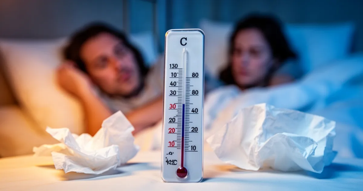 Termometr wskazujący wysoką temperaturę na rozmytym tle osoby leżącej w łóżku z chusteczkami.