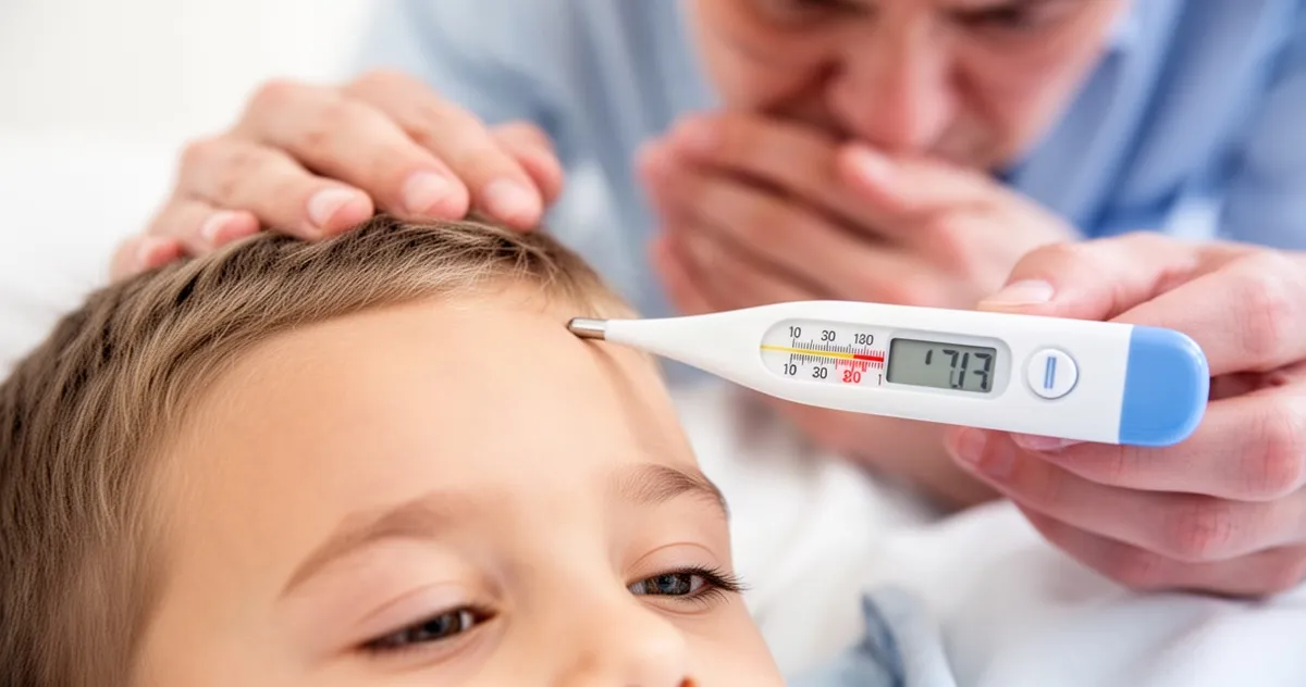 Termometr na czole dziecka wskazujący wysoką temperaturę, w tle dłonie zatroskanego rodzica.