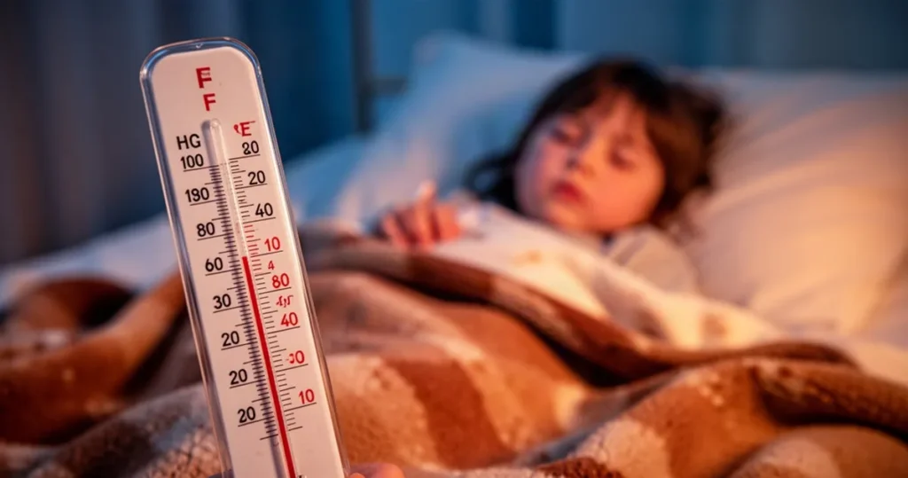 Termometr z wysoką temperaturą na pierwszym planie oraz niewyraźna sylwetka chorego dziecka leżącego w łóżku pod kocem.
