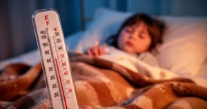 Termometr z wysoką temperaturą na pierwszym planie oraz niewyraźna sylwetka chorego dziecka leżącego w łóżku pod kocem.