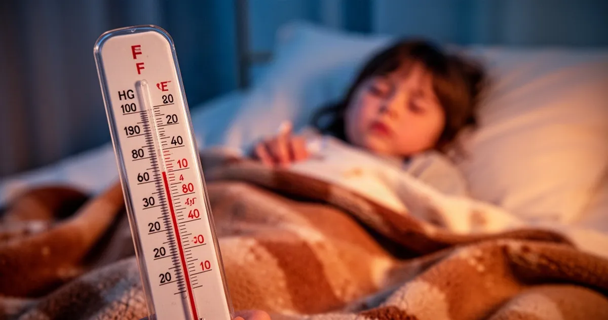 Termometr z wysoką temperaturą na pierwszym planie oraz niewyraźna sylwetka chorego dziecka leżącego w łóżku pod kocem.