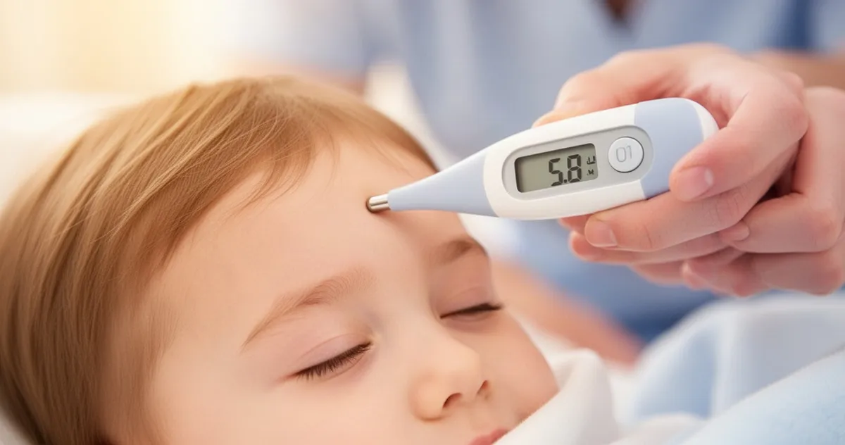 Zbliżenie na czoło dziecka z termometrem elektronicznym wskazującym podwyższoną temperaturę w ciepłej, opiekuńczej atmosferze